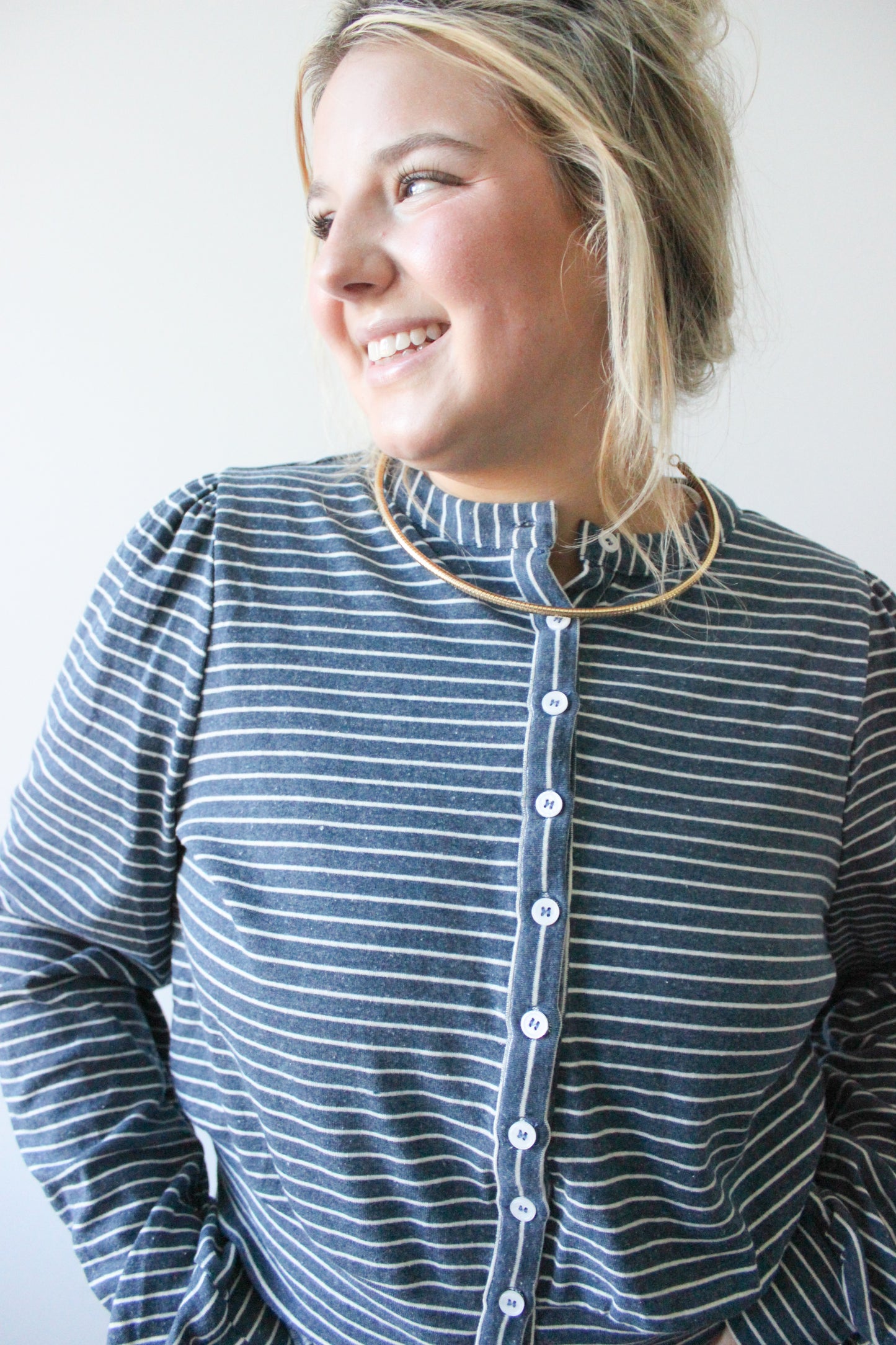 Striped Long Sleeve Knit Button Top