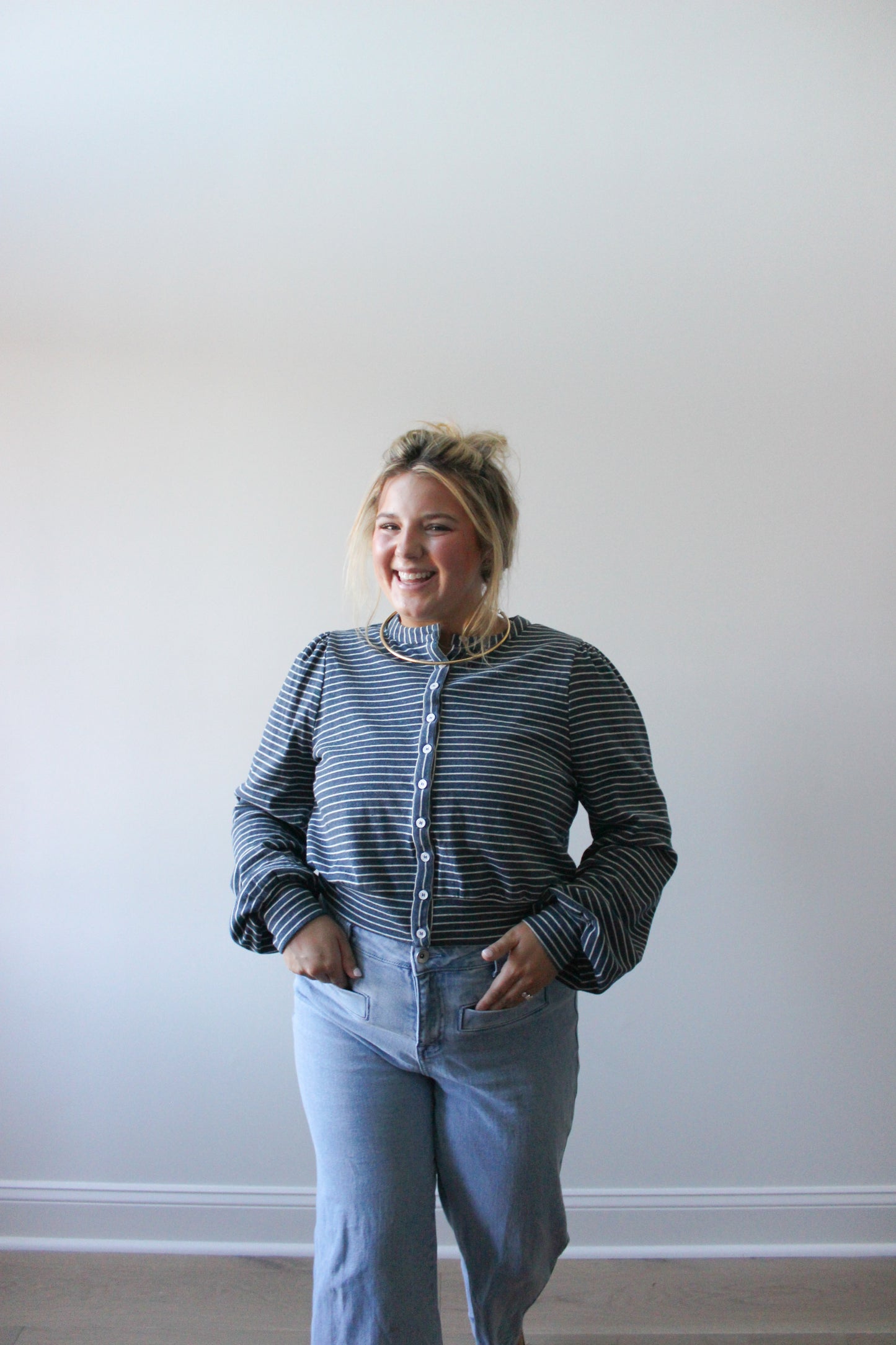 Striped Long Sleeve Knit Button Top