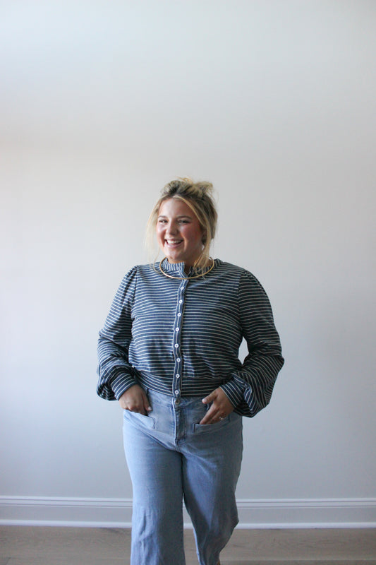 Striped Long Sleeve Knit Button Top