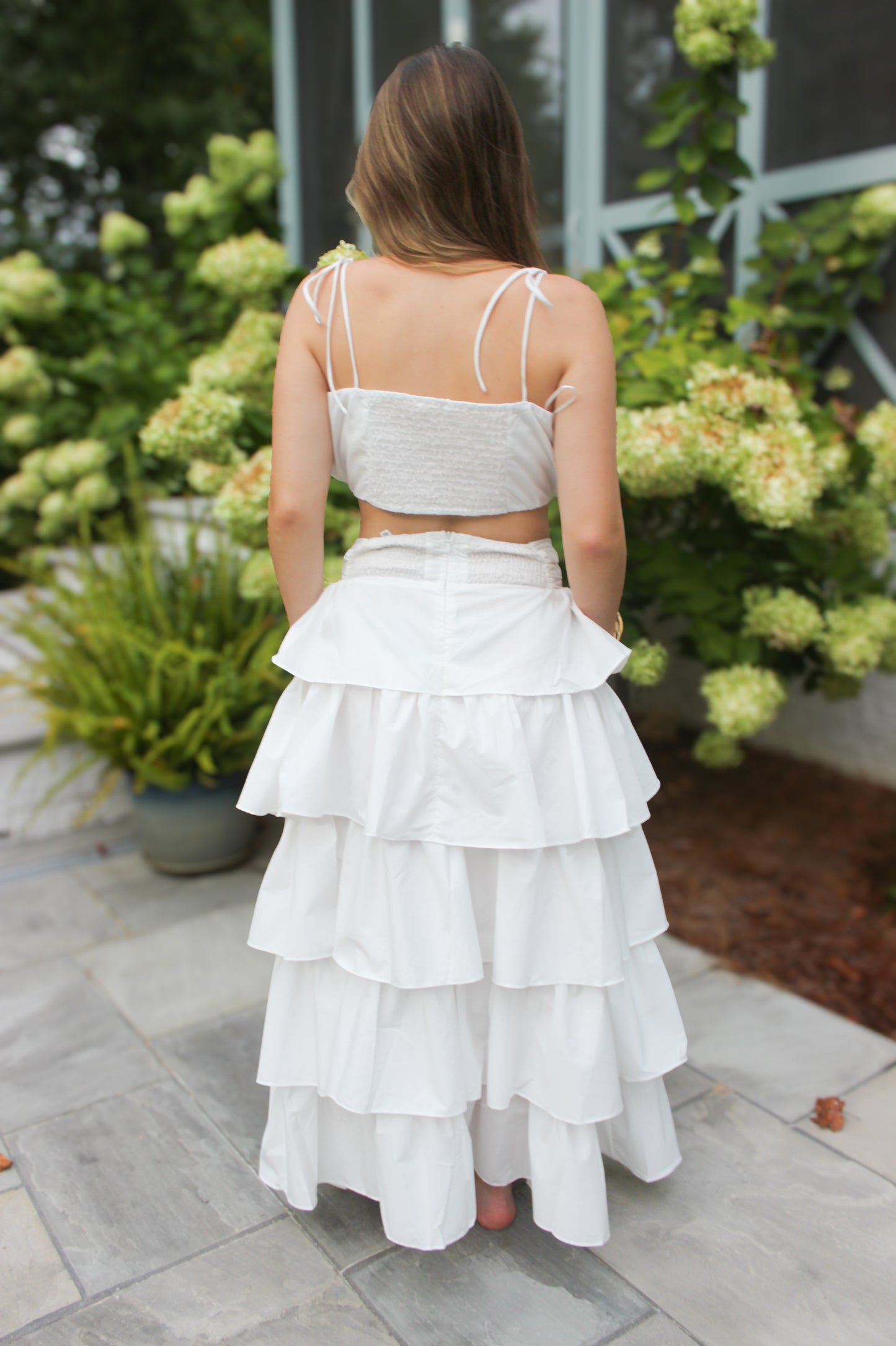 Mallie Tie Top and Ruffle Maxi Skirt Set - White