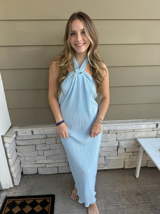 Conley Pleated Blue Midi Dress
