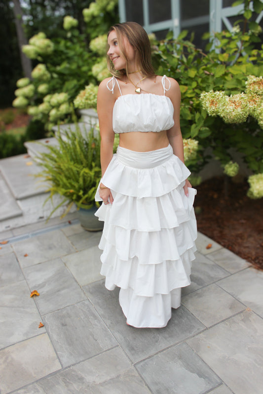 Mallie Tie Top and Ruffle Maxi Skirt Set - White