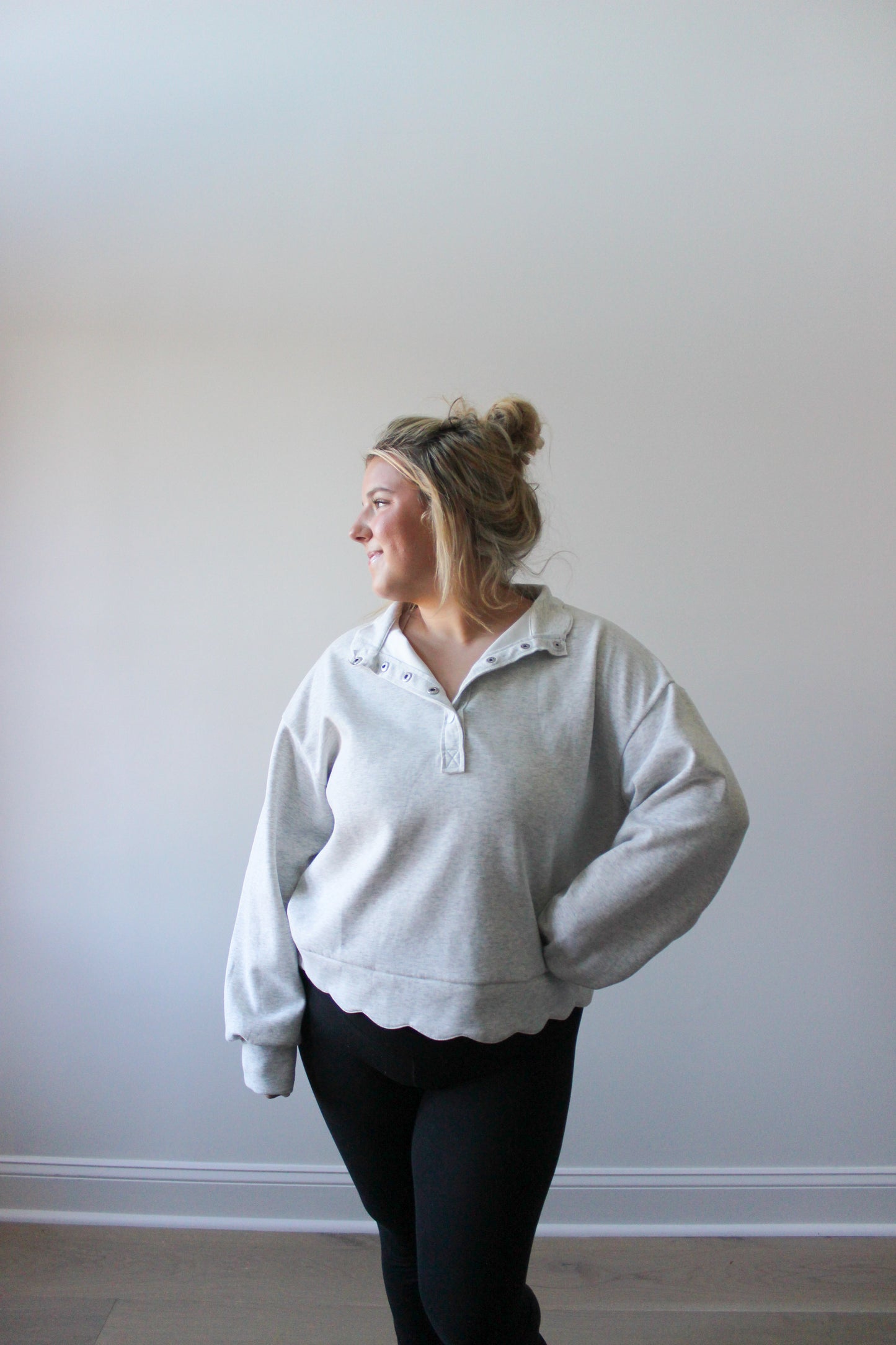 Henley Scalloped Sweatshirt - Grey