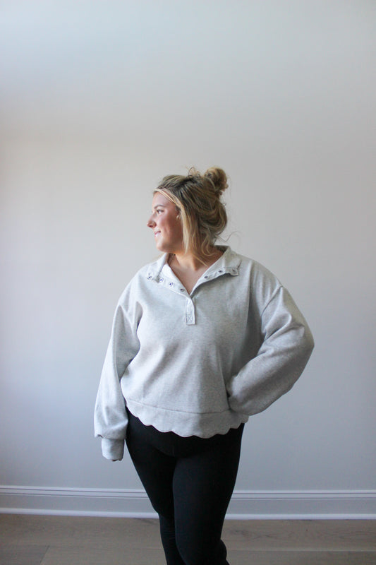 Henley Scalloped Sweatshirt - Grey