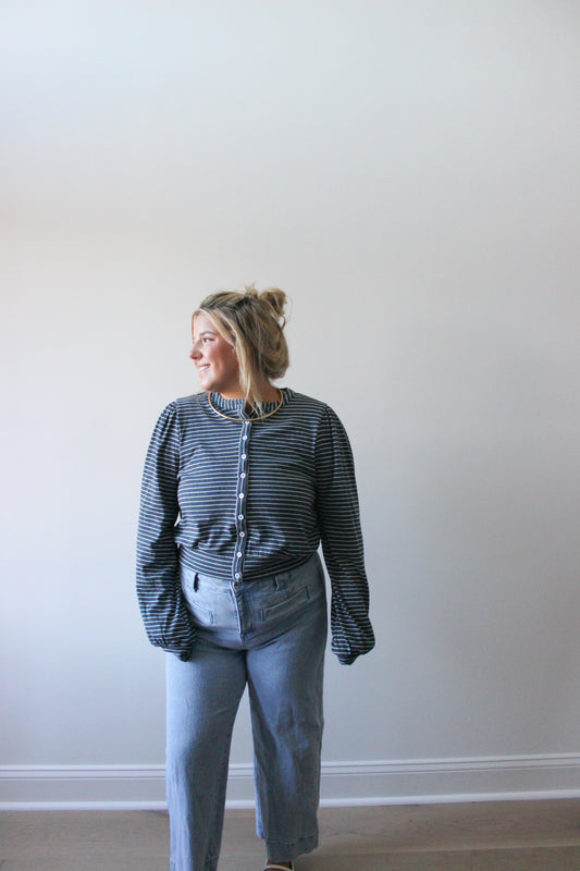 Striped Long Sleeve Knit Button Top