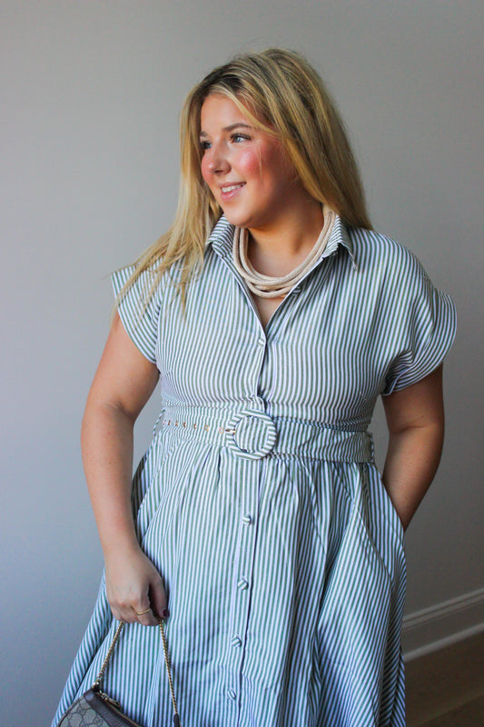 Mitzy Green Striped Belted Midi Dress