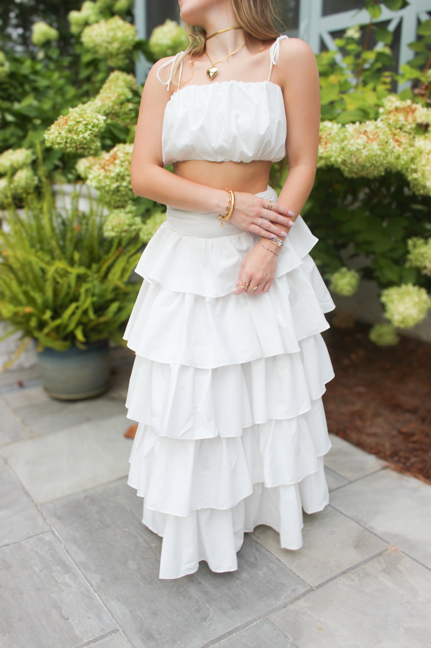 Mallie Tie Top and Ruffle Maxi Skirt Set - White