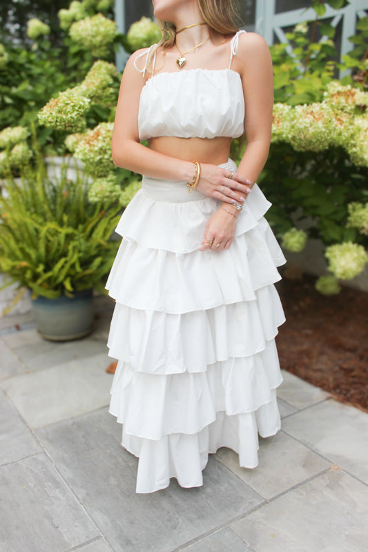 Mallie Tie Top and Ruffle Maxi Skirt Set - White