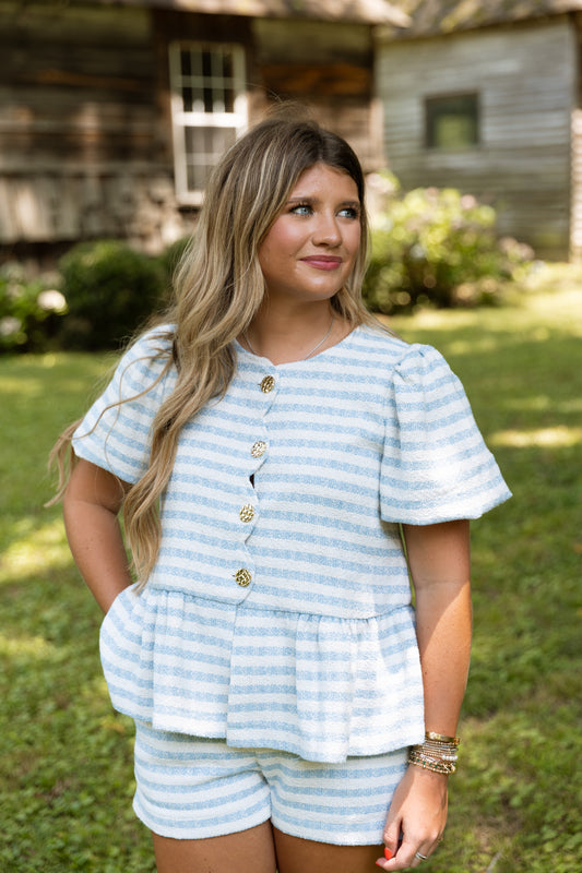 Swains Boucle Puff Sleeve Top - Blue/White