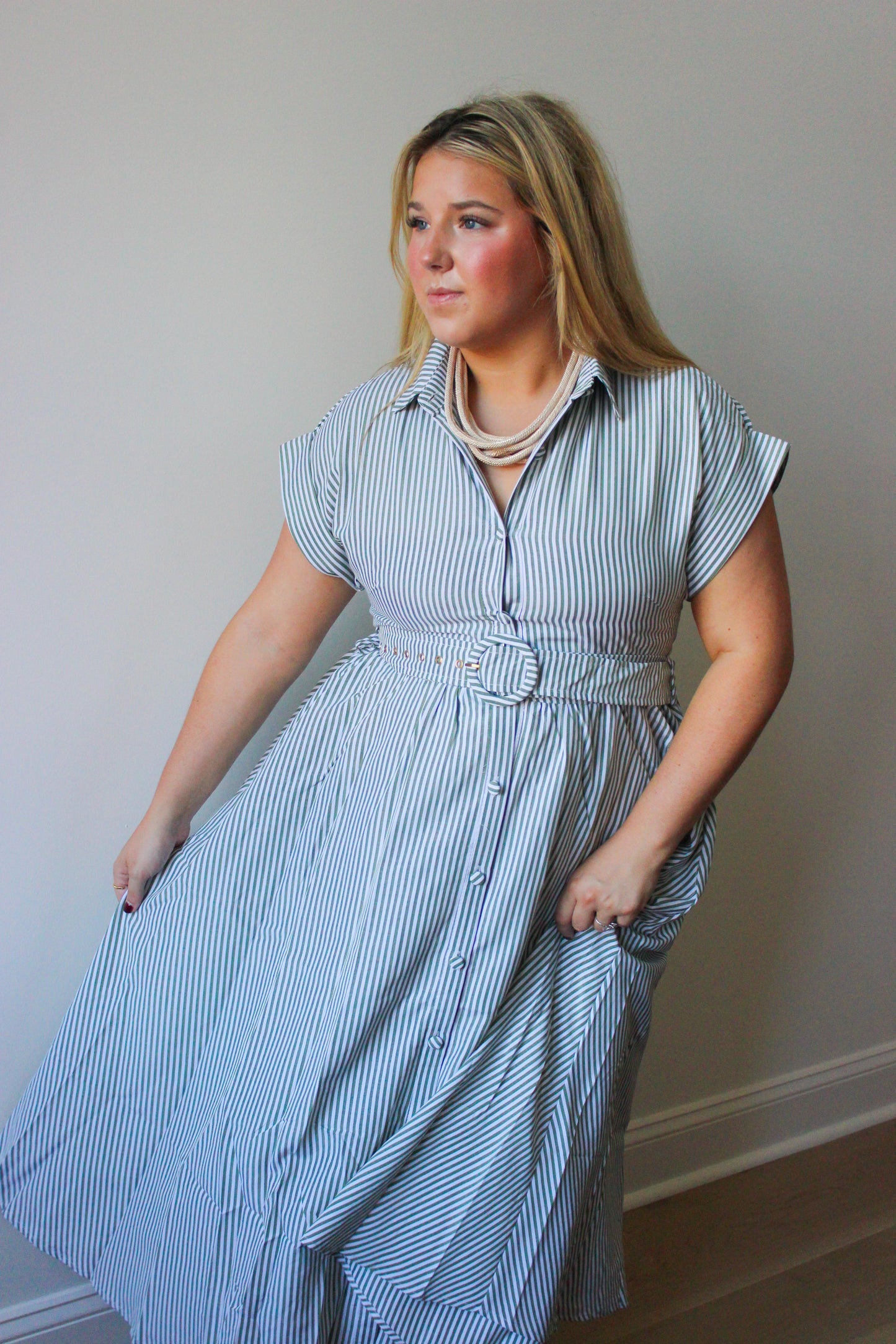 Mitzy Green Striped Belted Midi Dress